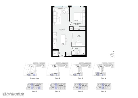 Floor plan for 1 bed, 1 bath, 618 sqft
